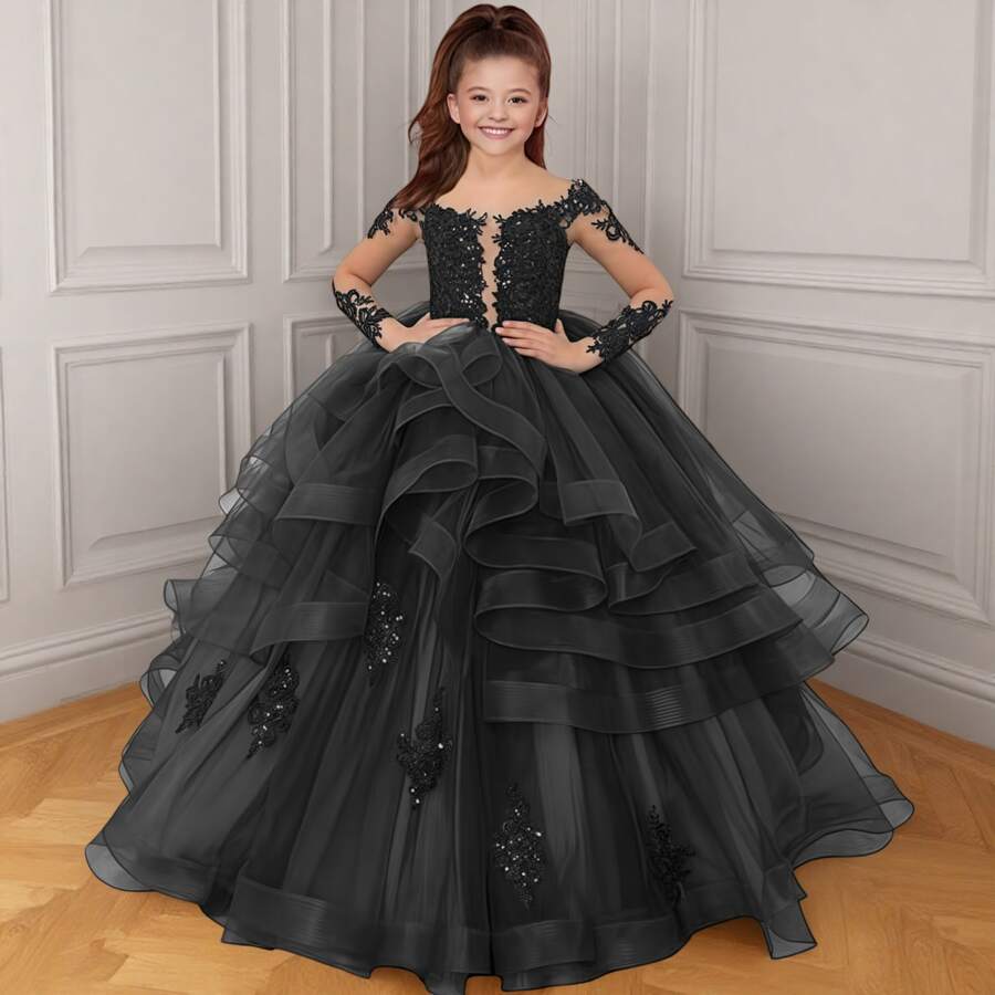 1pc Princess Long Sleeve Flower Girl Dresses Appliques Ruffles Tulle Pageant Dresses For Girls Kids Party Ball Gowns,First Communion Dress,Tween Girls Princess Dress,Birthday,Wedding Or Photoshoot Outfit,Dance Performance Dress,Piano Performance Dress,Perfect For Shows,Birthday Parties,Vacations,Pageant,Prom Dress - 黑色 - 查看 1