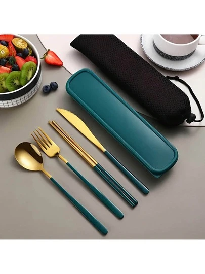 4-Piece Luxury Portable Cutlery Set, Stainless Steel Cutlery Set With Travel Case - Includes Spoon, Fork And Chopsticks - Perfect For Dining Out.