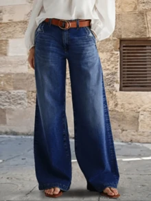 Women's Casual Denim Jeans (Waist Cinching And Hip Lifting - Small Size, Dark Washed), Simple Style, Suitable For All Seasons, Loose Hem, Back Pocket Design, Suitable For Daily Wear - 深色洗 - 查看 2