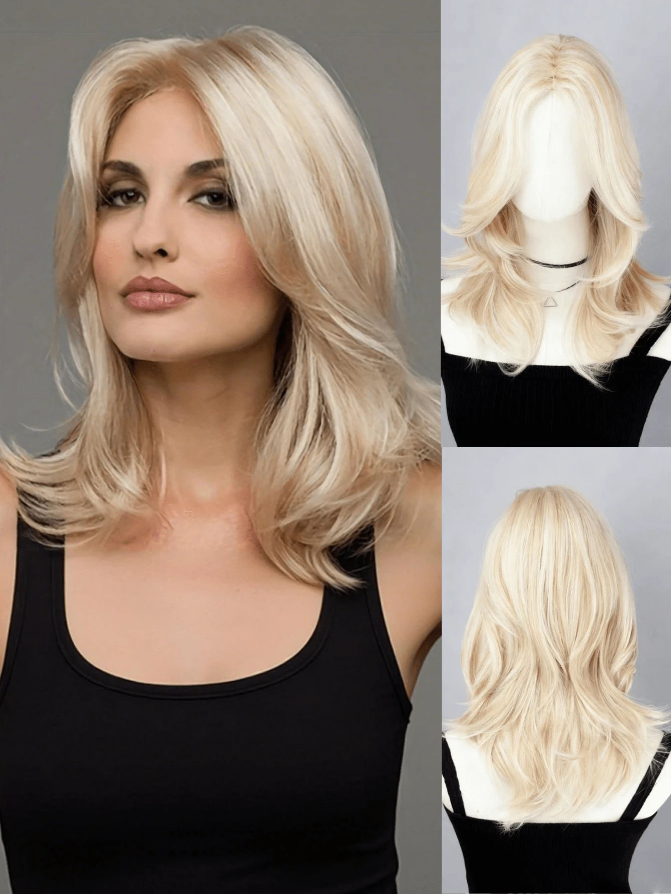 Tóc giả tổng hợp màu vàng nhạt thời trang 18 inch, độ dài trung bình, kiểu tóc xoăn phù hợp cho nữ sử dụng hàng ngày, chất liệu sợi tổng hợp chịu nhiệt cao, mật độ cao, kiểu tóc giả cơ bản dành cho nữ.