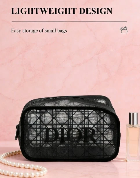 Dior 黑色高档格子网眼化妆包，简约便携式化妆品收纳袋 - 黑色 - 查看 1