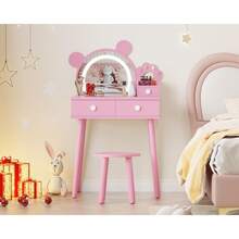 Tocador Infantil con Luces y Banco | Mesa de Maquillaje en Forma de Oso con Espejo LED Táctil | Juego de Princesa de Madera para Niñas 3-8 Años, Decoración para Habitación - color: rosa - Ver 1