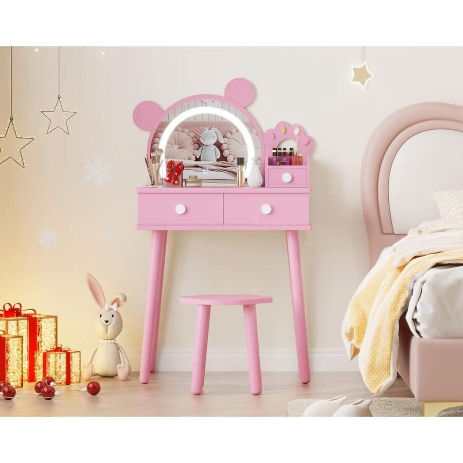 Tocador Infantil con Luces y Banco | Mesa de Maquillaje en Forma de Oso con Espejo LED Táctil | Juego de Princesa de Madera para Niñas 3-8 Años, Decoración para Habitación - color: rosa - Ver 1