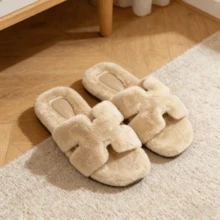 Women's Plush Slippers, Fashionable Solid Color Soft Plush Slippers, Comfortable Indoor/Outdoor Slip-On Shoes, Breathable Fluffy Plush Slippers, Quiet Indoor Floor Lightweight House Slippers For Winter, Women's Soft Comfortable Flat Slip-On Open Toe Fluffy House Slippers, Solid Color Open Toe Bedroom Floor Slippers - Khaki - View 8