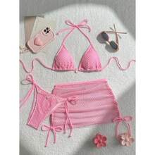 Swimsuit For Women 3 Piece Pink Tulle Beach Bathing Suit Triangle Cups Shell Decor Sexy Swimwear Summer Vacation Outfits - Nhiều màu 233 - Xem 2