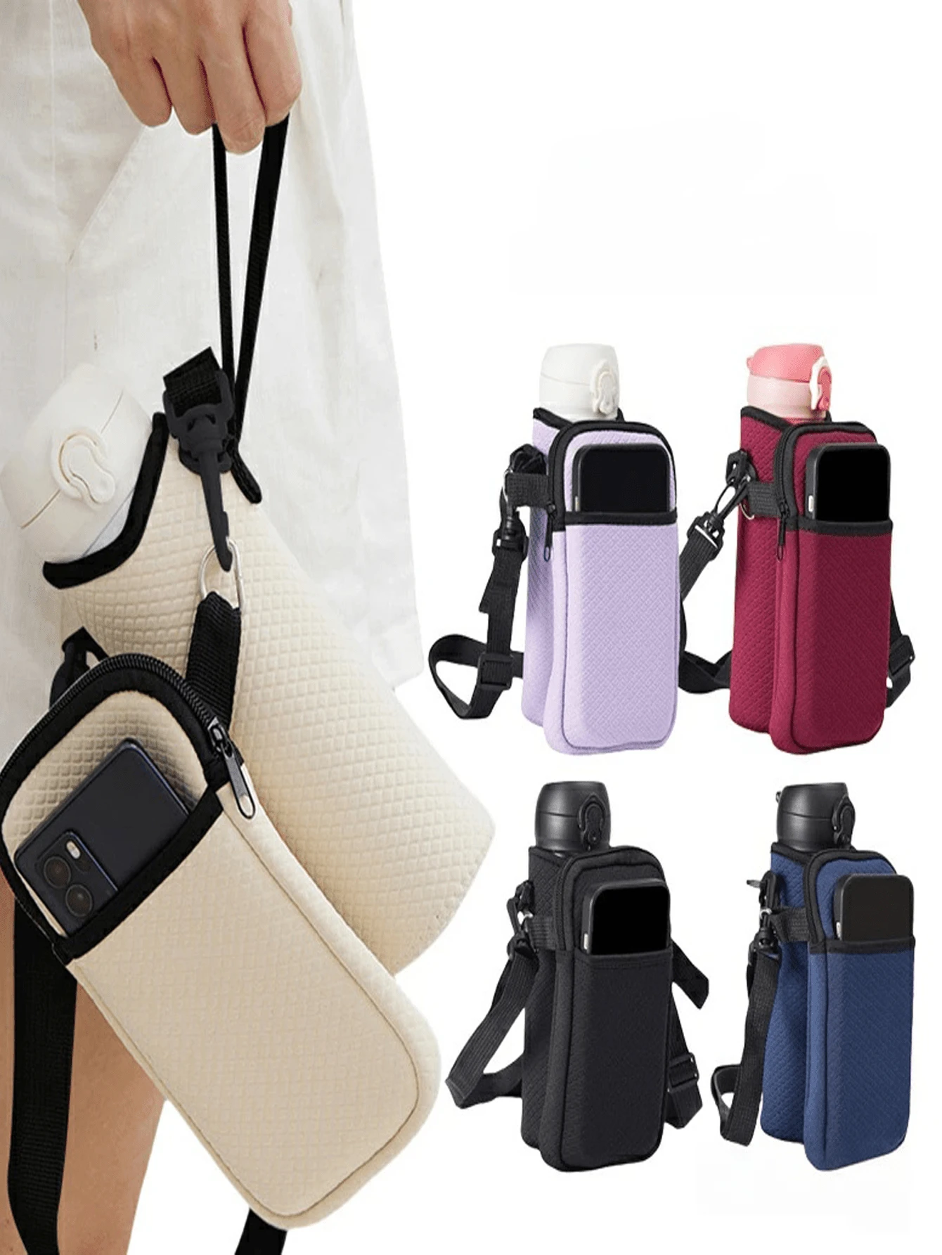 1pc Portable Water Bottle Bag, Adjustable Shoulder Strap Crossbody Water Cup Holder, Multi-Functional Storage Pouch, Suitable For Travel, Hiking, Cycling, With Phone Pocket - Multicolor - View 1