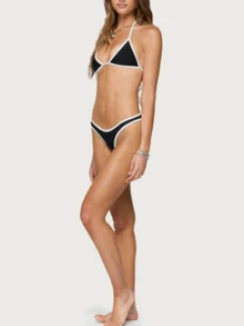 Traje De Baño Mujer Two Piece Swimsuit For Women Color Block Swimsuit Halter Bra With String Triangle Bikini Sets Beacxhwear Swimwear Bathing Suit - 黑色 - 查看 4