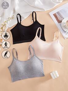 Runway Rest 3pcs/Set Women's Solid Color Adjustable Strap Comfortable Wireless Padded Camisole Bra Tops, Suitable For Sports, Sleep - Multicolor - View 3