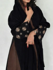 Middle Eastern Embroidered Floral Robe Women's Luxury Abaya Robe Women's Long Casual Brown Robe, New Year's Eve Dress - Brown - View 4
