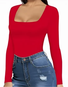 Premium Square Neck Long Sleeve Bodysuit - 紅色 - 查看 3