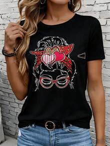 Women's White T-Shirt With Vintage Pin Up Girl Design Heart Bandana And Glasses Graphic Fashion Casual TopLeisure Outdoor Holiday Party GiftLadies Short Sleeve T-Shirt Leisure Outdoor Home 220g - màu đen - Xem 2