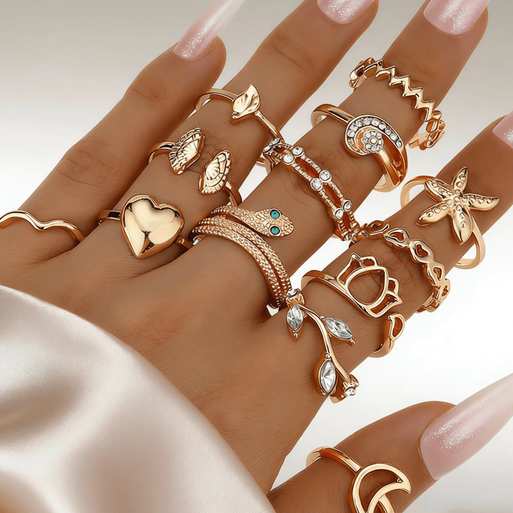 13Pcs Gold Boho Ring Set: Snake Heart Starfish Rhinestone Leaf Moon Stackable Rings For Women Daily Party Fashion Jewelry - Gold - View 1