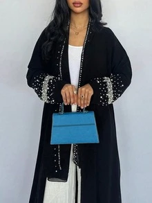 Đầm nữ kèm khăn trùm đầu, áo khoác cardigan dáng dài đính ngọc trai, viền đá rhinestone lấp lánh, mở trước, áo khoác maxi thanh lịch mặc buổi tối, màu đen - màu đen - Xem 6