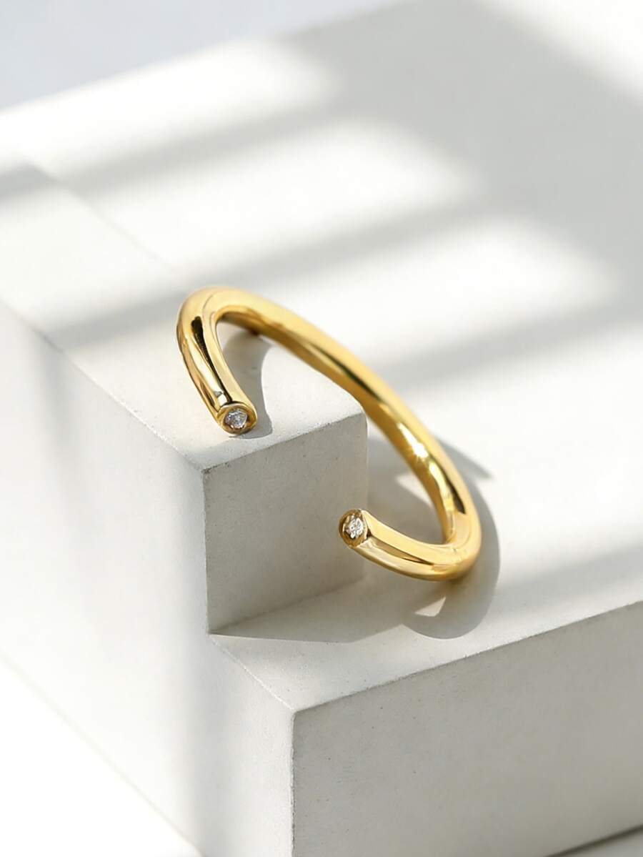 Charm-In 1 pieza Anillo abierto chapado en oro ajustable con circonita cúbica para mujeres - Accesorio de moda diario, regalo ideal para citas/fiestas/Día de San Valentín - Dorado - Ver 1