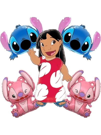 5pcs New Cartoon Character Balloons Set, Pink Stitch Angel Lilo Foil Balloons For Girls Birthday Party Decoration