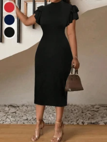 Đầm ôm dáng cổ cao tay bướm cỡ lớn, trang phục mùa hè nữ, màu đen thanh lịch. - màu đen - Xem 1