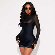2pcs/Set Sheer Mesh Long Sleeve Bodycon Mini Dress, Sexy Fitted Streetwear For Spring/Summer - Black - View 2