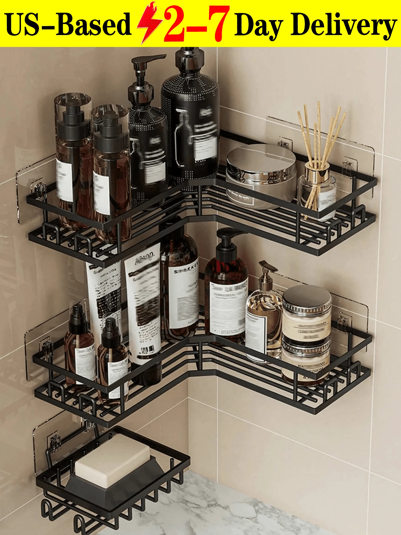 2026 2/3pcs Stainless Steel Bathroom Storage Set Without Drilling: Corner Shower Caddy,[US-Based Shipping]Wall Mounted Adhesive Shower Organizer, Load Capacity Less Than 10kg, No-Drill Waterproof Rustproof Rack For Toiletries & Kitchen.For Shower Gel, Shampoo, Soap,  Suitable For Bathroom, Kitchen And Living Room Corner Storage,  Home Bathroom Decor Bathroom Organizer Summer,Space-Saving Black Iron Storage Organizer.Three-Piece Rust-Proof Stainless Steel Bathroom Storage Rack, Large Capacity,  Bathroom Accessaries,BathroomDeccor,Toothbrush Holder.Suitable As A Home Renovation Gift.Bathroom Deccor,Room Decor,Bathroom Accesssories,Shelf,Shelves,Storage,Shelves For Wall,Floating Shelves For Wall,Bathroom Storage. - 黑色 - 查看 1