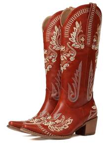 Women's Western Cowgirl Cowboy Boots, Embroidered Knee High Side Zipper, Chunky Heel Vintage Distressed Retro Style, Spring Summer Shoes Festival Gift Holiday Party Vacation Outdoor Boots - 紅色B - 查看 2