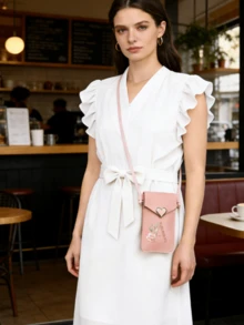 女士粉色PU斜挎手机包 - 心形搭扣和A-Z字母印花，触屏保护套，防盗多功能单肩包，透明迷你钱包，手机壳，女士手机包，尿布包，适合日常轻装出行，例如音乐会、音乐节、约会、健身房/瑜伽馆等场合。 - 粉色 - 查看 2