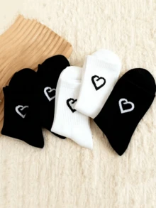 1/5/10 Pairs Unisex Classic Black & White Versatile Sports Socks, Comfortable Breathable Mid-Calf Socks With Heart Pattern, Suitable For Daily Wear, Outdoor, Hiking, Exercise, Spring/Autumn - Black and White - View 2