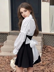 1pc Sweet & Fresh Feminine Academic Style Puff Sleeve Shirt And Suspender Skirt JK Uniform Set Including Tie, Suitable For Photo Shooting, Graduation Season Outfit Halloween - Black and White - View 18