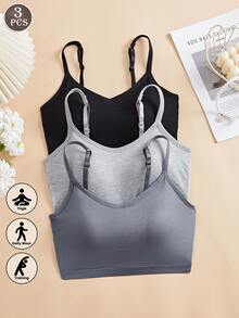 3件套女士纯色可调节肩带舒适无钢圈加厚吊带文胸，适合运动、睡眠
