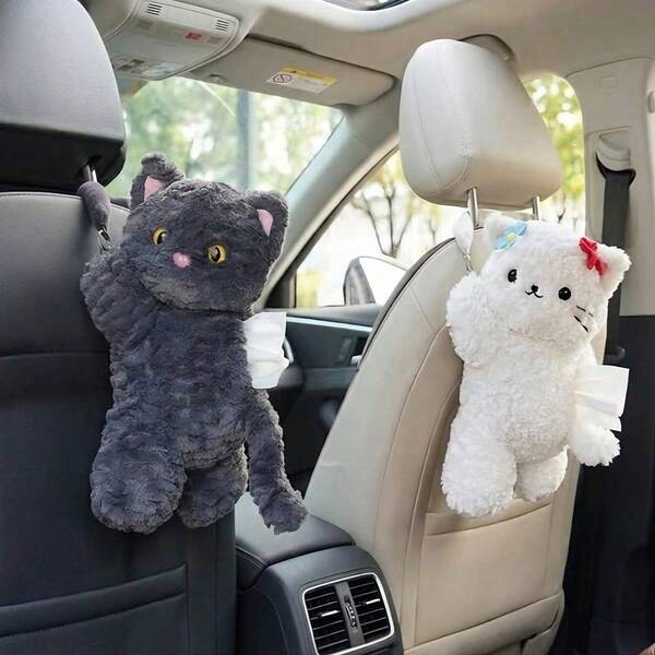 Cute Cat Pattern Car Tissue Box, Plush Tissue Box Cover, Suitable For Car, Home, Bathroom, Bedside Table, Office Desk, Practical Car Accessory