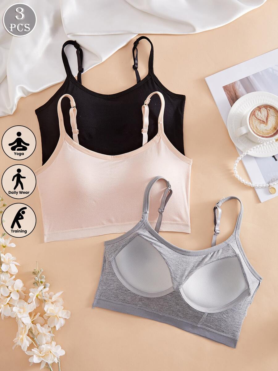 3pcs/Set Women's Solid Color Adjustable Strap Comfortable Wireless Padded Camisole Bra Tops, Suitable For Sports, Sleep - Multicolor - View 1