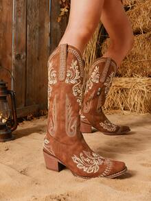 Women's Western Cowgirl Cowboy Boots, Embroidered Knee High Side Zipper, Chunky Heel Vintage Distressed Retro Style, Spring Summer Shoes Festival Gift Holiday Party Vacation Outdoor Boots - 棕色B - 查看 3