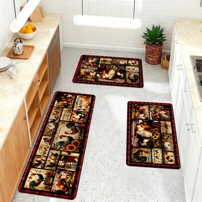 1/2/3 قطعة من بساط المطبخ ذو الطراز الريفي القديم، مزين بالديك الرومي والدجاجة والعباد الشمس والبيض وقارورة الحليب والشمعة والمنزل الخشبي، بألوان زاهية، مناسب لغرفة المعيشة والنوم والمطبخ وغرفة الطعام ومدخل المنزل والحمام وغرفة الغسيل والنزهات الخارجية، ديكور منزلي ريفي، ظهر مانع للانزلاق، ضروري منزلي عملي ودافئ