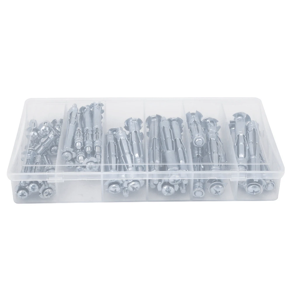 Kit de 42 piezas de tornillos de expansión para placa de yeso, con aletas de anclaje reforzadas, arandela adhesiva integral, cabeza combinada para destornilladores planos y cruciformes. Material: hierro galvanizado. Tamaño rosca: M4~M6. Clase de rendimiento: 4.8. Estándar: CN. Incluye: 12x(M4x32), 10x(M4x60), 6x(M5x52), 6x(M5x65), 4x(M6x52), 4x(M6x65). - Blanco - Ver 1