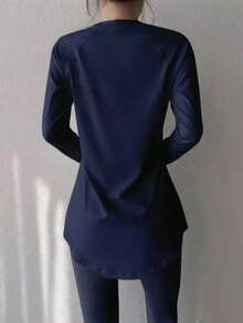 大码女式健身瑜伽上衣，速干运动衫，适合跑步、健身房锻炼，弹力压缩打底衫，春季款 - 藏蓝色 - 查看 3