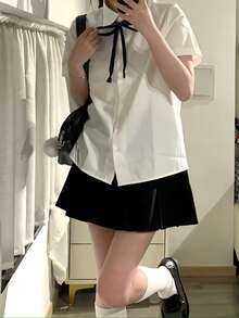 1pc Japanese Kawaii School Uniform, All-Match Loose Short Sleeve Shirt + Versatile Pleated Skirt + Tie Set, JK Uniform For Campus Role Play, Suitable For Graduation, Photo Shoot, Club Outfit, Garden Date, Valentine's Day - Black and White - View 6