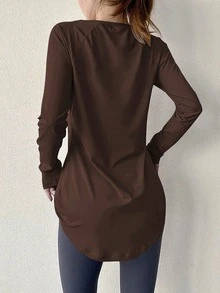 Plus Size Women's Fitness Yoga Top, Quick-Dry Sports Shirt, Suitable For Running, Gym Workout, Stretchy Compression Base Layer Spring - Coffee Brown - View 3