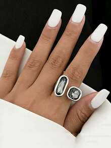 1-3pcs Asymmetric Grey Acrylic Rhinestone Geometric Ring For Women Minimalist Design Silver Color Square Finger Rings Daily Wear Jewelry