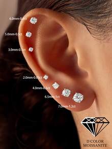1pc 925 Sterling Silver Moissanite Classic 4-Prong Stud Earrings, Flat Base Cartilage Earrings, Unisex (2mm, 3mm, 4mm, 5mm, 6mm, 7mm), Wedding Engagement Bridal Jewelry