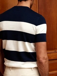 GRDR 男士休闲撞色条纹针织短袖衫 - 简约时尚日常穿着 - 藏蓝色 - 查看 4