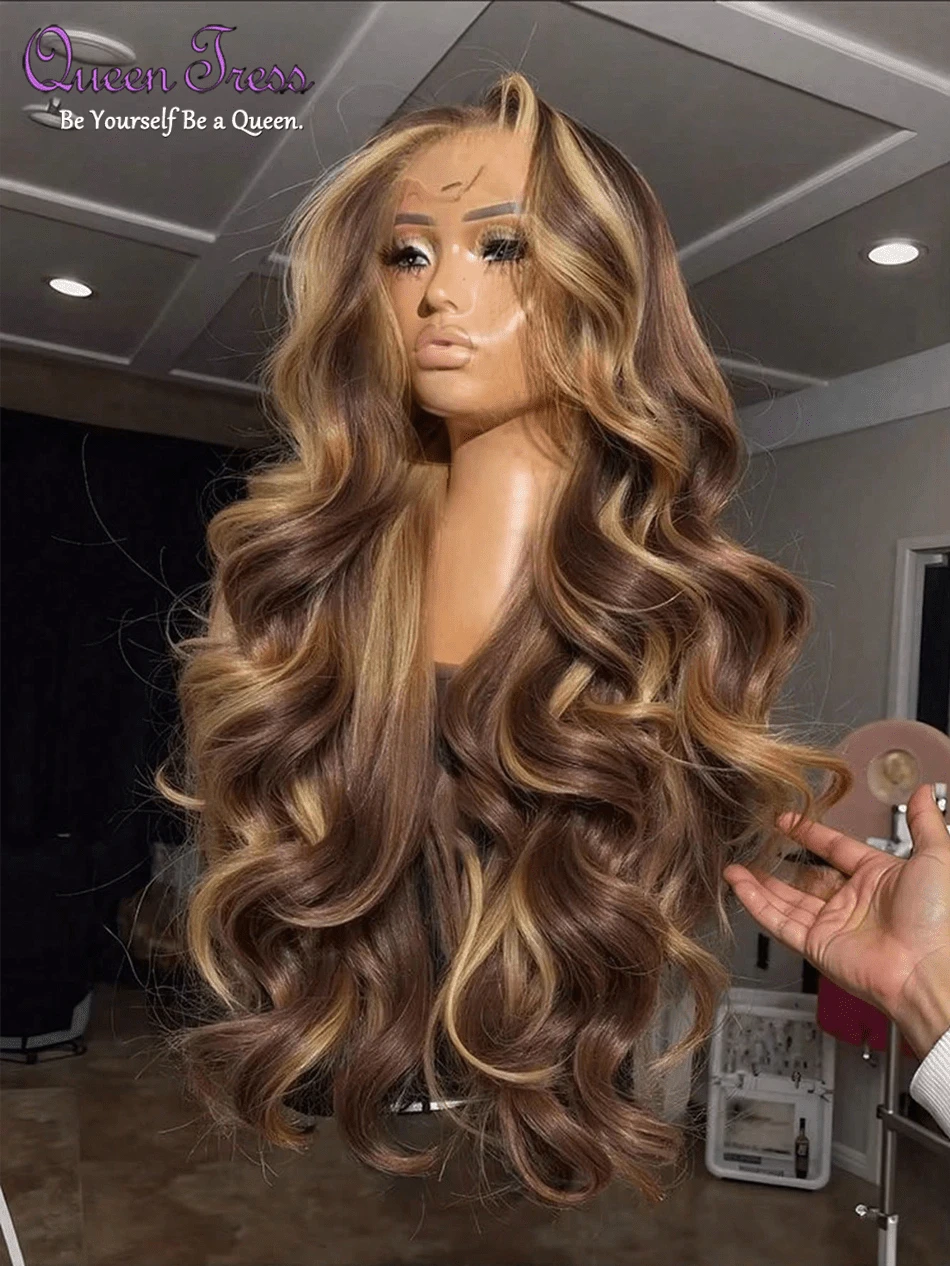 CEXXY Halloween Wigs 34 Inch Ombre Honey Blonde Lace Front Wig Human Hair 13x4 Highlight Body Wave Lace Front Wig Human Hair Pre Plucked With Baby Hair 4/27 HD Lace Wig Human Hair 200% Density Colored Wigs - S4/27 - 查看 1