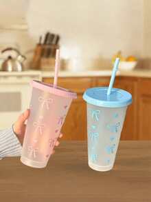 1pc Reusable Cute Pink Bow Plastic Cup With Lid And Straw, Transparent, Suitable For Iced Coffee, Water, Juice, Soda, Great For Beach, Wedding, Birthday, Holiday, Christmas, Halloween, Party, Office, Pool, Events, Dates, Outdoor Activities, Sports Bottle, Outdoor And Daily Use Water Bottle (Note: The Product May Have Some Scratches During Transportation, But It Does Not Affect The Use) - Multicolor - View 4