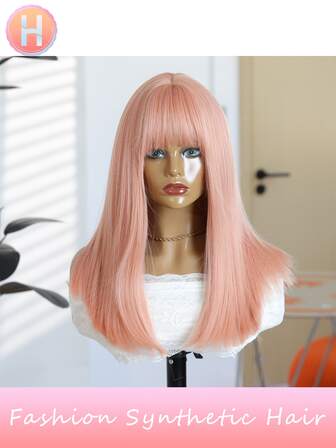 Peluca sintética de color rojo claro de 16 pulgadas, cabello liso medio con flequillo, adecuada para damas y niñas, para uso diario, fiestas, Halloween, de alta calidad para mujeres, con apariencia natural, de buena calidad, sintética y suave, amigable para principiantes, para uso diario, reuniones familiares, festivales, fiestas, disfraces, Día de San Valentín