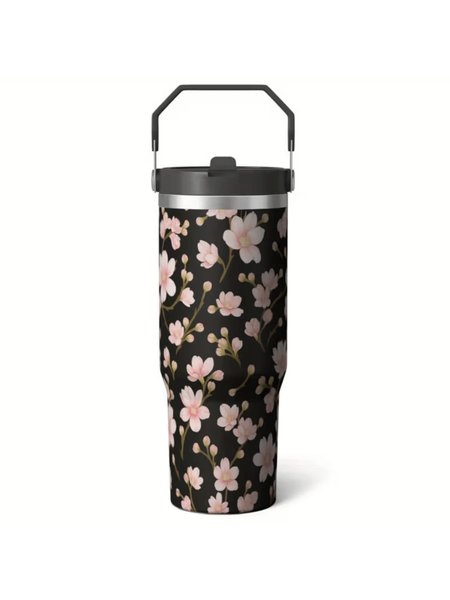 Floral Blossom Car Cup30oz Stainless Steel Vacuum Mug,Gift For Fans1pc 30oz Stainless Steel Insulated Travel Mug Reusable Handle & Straw,Travel Coffee Cup For Women,Outdoor Adventures,Camping,Driving,SportsKeep Warm Or Cold,Ideal Valentine's Day & Mother's Day Gift,Outdoor Hydration | Pattern Tumbler | Durable Lid Design,A Top Choice For Gifts - 黑色 - 查看 1