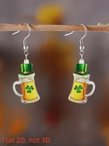2D Clover Beer Pendant Earrings, St. Patrick's Day Jewelry, Flat Acrylic Material, Suitable For Daily Wear And Parties, Fashionable Item, Suitable For All Seasons - Clover Beer - View 2