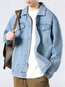 chaqueta chaquetas hombre ropa de hombre Chaqueta de mezclilla holgada de manga larga casual para hombre de primavera y otoño - azul claro - Ver 1