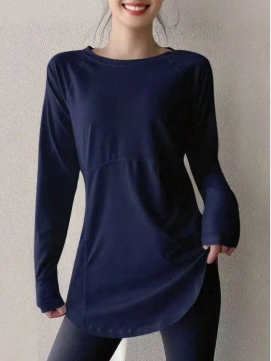 大码女式健身瑜伽上衣，速干运动衫，适合跑步、健身房锻炼，弹力压缩打底衫，春季款 - 藏蓝色 - 查看 1