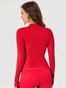 Women's BBL Fit Zip Up Jacket With Gold Zipper And Pockets Solid Color Lightweight Yoga Tennis Workout Outerwear, Gym Workout Clothes, Pickleball Outfit - New Year Red/Gold - 查看 2