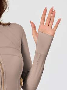 Women's BBL Fit Zip Up Jacket With Gold Zipper And Pockets Solid Color Lightweight Yoga Tennis Workout Outerwear, Gym Workout Clothes, Pickleball Outfit - Taupetastic/Gold - 查看 3