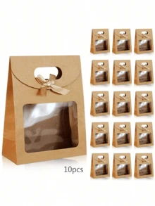 10pcs Kraft Paper Bowknot Gift Bags, Transparent Window Display Packaging Bags, Vertical Mini Gift Bags With Handles, Brown Gift Bags, Self-Adhesive Paper Bags, Vertical Gift Bags, Candy Cookie Packaging Bags, Brown Paper Bags For Wedding And Christmas Party - Multicolor - View 9