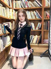 1pc Retro School Style Cosplay Outfit, Contrast Color 2 In 1 Long Sleeve Dress + Tie Student Uniform Set, Suitable For Graduation Photos, Bar/Club Parties, Dates, Valentine's Day - Black - View 11