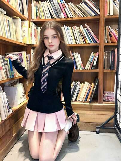 Bộ trang phục cosplay phong cách học sinh cổ điển, 1 bộ 2 trong 1 gồm váy dài tay và cà vạt phối màu tương phản, phù hợp cho chụp ảnh tốt nghiệp, tiệc bar/club, hẹn hò, ngày Valentine, màu đen mùa xuân.